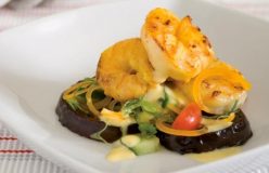 Saffron marinated prawn, eggplant and tomato salad with saffron yoghurt dressing