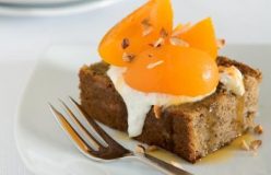 vanilla poached apricots with hazelnut sponge